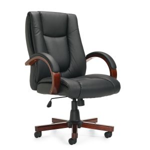 Offices to Go Black Luxhide Tilter Conference Chair with Wood Arms and Base