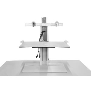 Pre-owned Humanscale freestanding workstation unit has white finish and dual-monitor arms.