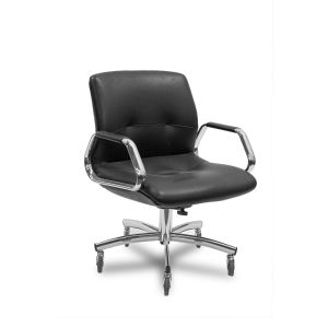 Pre-owned vintage Steelcase 454 conference chair has black leatherette body. Chrome arms with black plastic armpads and chrome five-star castered base. Circa 1988. Model currently not in production. *SOME WEAR, RIPS.