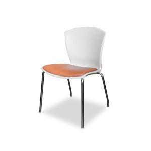 Pre-owned Thone stack chair has white plastic body with peach vinyl seat.