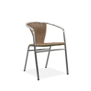 Front view ofPre-owned wicker side chair has a wicker body with curved seat back and chrome frame with (4) post legs.